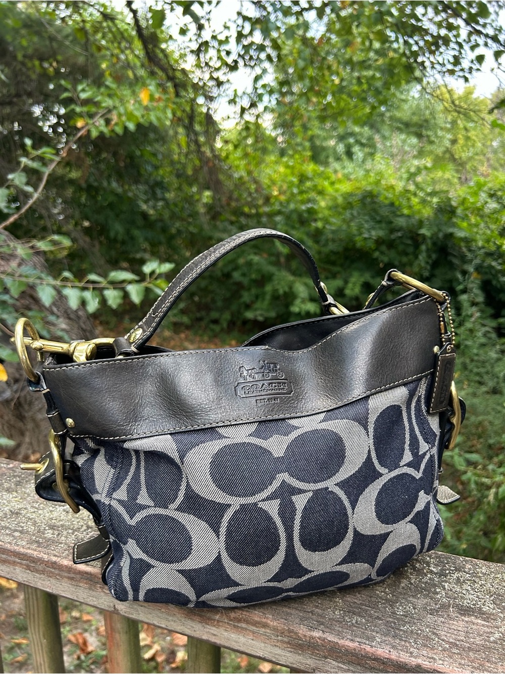 Coach Navy and Black Signature Canvas Hobo Shoulder Bag